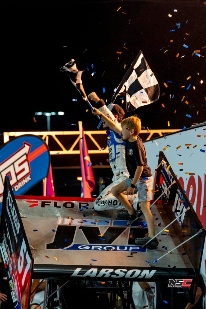 Kyle Larson and son Owen celebrate Kyle's Knoxville Nationals win!